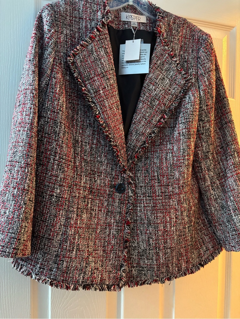Kasper Red Black White Tweed Fringed Notch Lapel Blazer